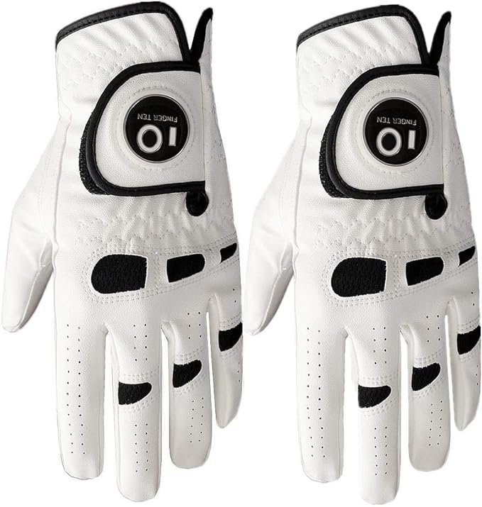 FINGER TEN Men’s Golf Gloves Left Hand Right with Ball Marker 2 Pack, Weathersof Grip Soft Comfortable, Fit Size Small Medium ML Large XL