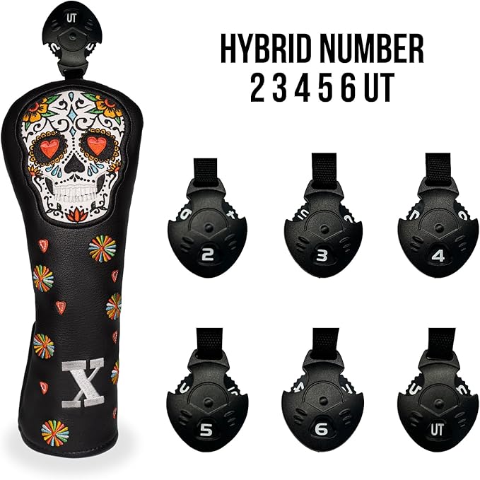 Colorful Skeleton Embroidery Club Covers Driver Headcovers Fairway Wood Cover Hybrid Head Cover Leather 3 Wood Headcover Golf Club Covers for Most Brand.
