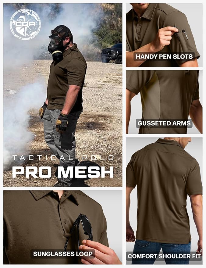CQR Men's Polo Shirts, Tactical Short Sleeve Golf Performance Shirts, Lightweight Dry Fit UPF 50+ Pique