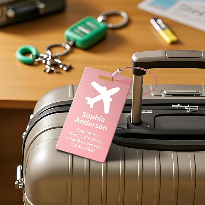 Personalized Metal Luggage Tags, Custom Suitcase Aluminum Name Tags with 5.9in Steel Ring, Laser Engraved Text and Logo, for Travel Gift, Baggage, Golf Bag (Pink)