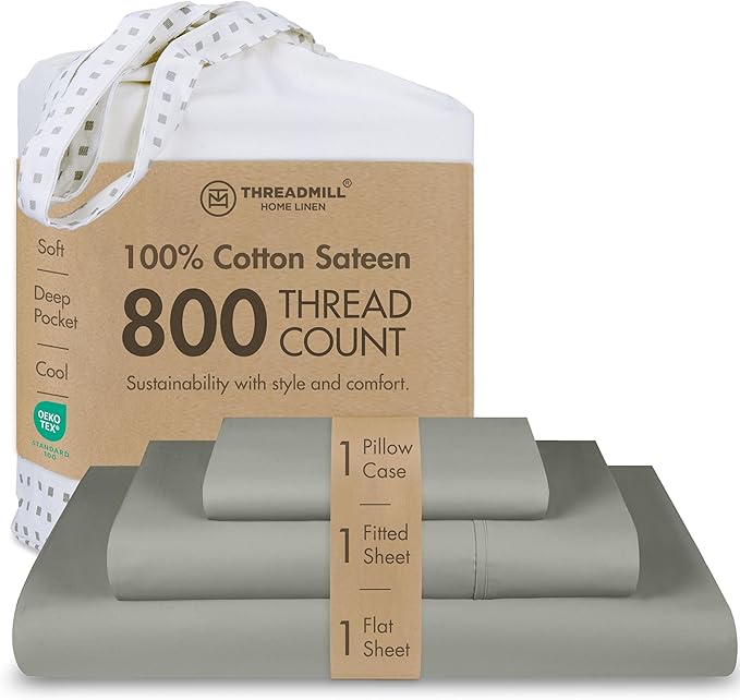Threadmill Luxury 800 Thread Count 100% Cotton Sheets - Sateen Weave Twin XL Bed-Sheets, Better Than Egyptian Cotton,3 Pc Solid Bedding Set (Moonrock Grey), Fits 15" Deep Pocket