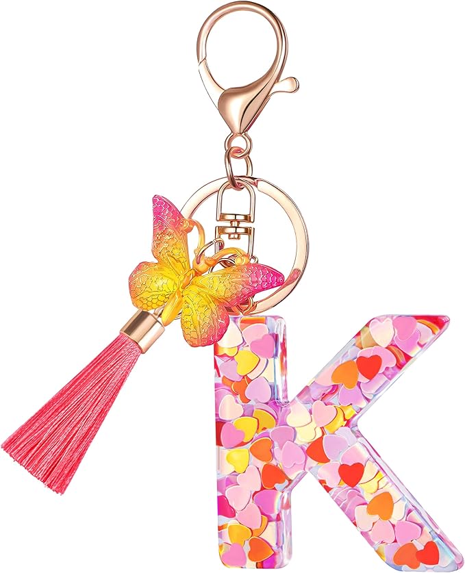 Suweibuke Colourful Cute Initial Letter Keychains for Women Girls with Tassel Butterfly, Charm for Purse Handbags Backpacks