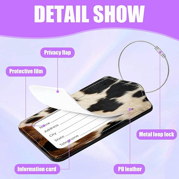 3 Pack Cowhide Brown Luggage Tags for Suitcase Animal Cow Skin PU Leather Travel Luggage Tag Privacy Cover ID Label for Women Men Baggage Backpack Handbag School Bag