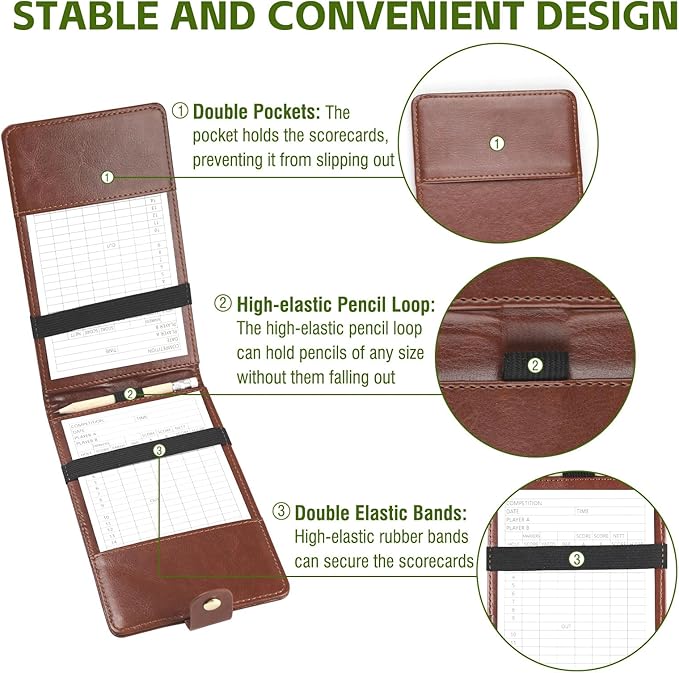 Archerest Magnetic Golf Scorecard Holder, 7.48" x 4.33" Premium Leather Yardage Book Cover Golf with A Pencil and Five Double Sided Printed Scorecards, Golf Accessories and Scorecard Book