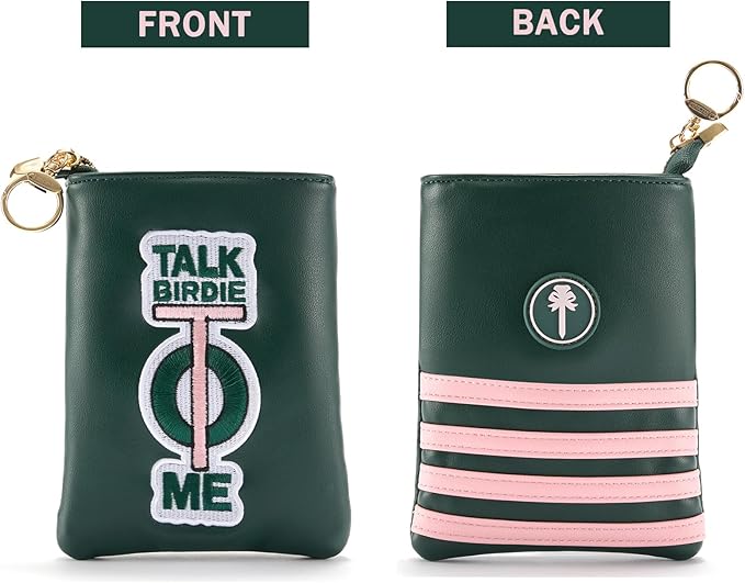 PINKTEE Golf Valuables Pouch Funny Golf Accessories Bag with Zipper Master Green Premiun Leather Golf Tee/Ball Pouch for Women Men (TALK BIRDIE TO ME, Pink stripe)