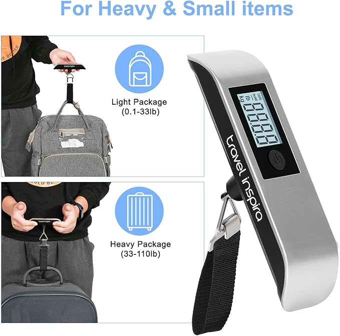 travel inspira Luggage Scale, Portable Digital Hanging Baggage Scale for Travel, Suitcase Weight Scale with Rubber Paint, 110 Pounds, Battery Included