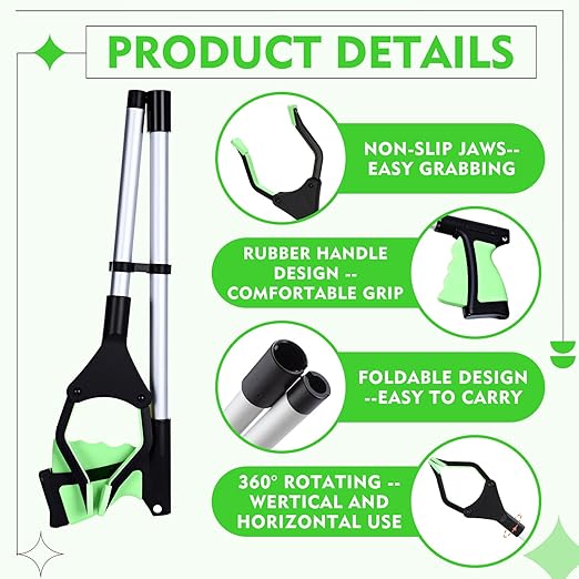 Ctosree 8 Pack 32" Trash Grabber Reacher Tool for Elderly, Foldable Litter Picker Upper, Lightweight Trash Pick up Stick, Long Handy Mobility Aids for Home Garden Arm Extension(Green)