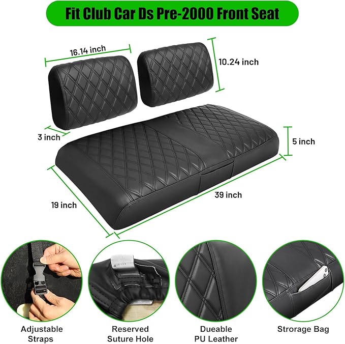Club Car DS Pre-2000 Golf Cart Seat Cover Thick Premium Marine Leather Made with Custom Diamond Stripe Soft Comfortable/Anti-Scratch/Anti-Fading/NO Stapler Required