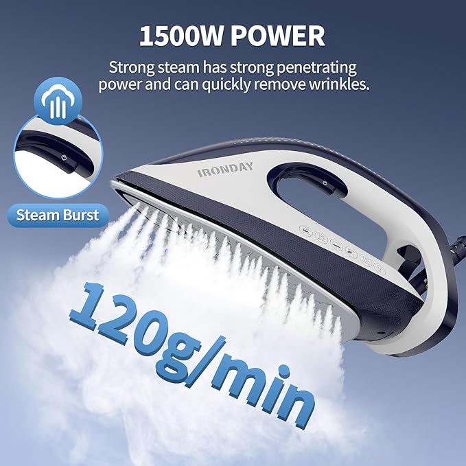 Steam Iron for Clothes,1500W Professional Steam Station,67.62oz Water Tank,Auto Shutoff,Self-Clean,ECO Mode, Iron Steamer with Ceramic Soleplate for Various Fabrics, Lock For Easy Carry