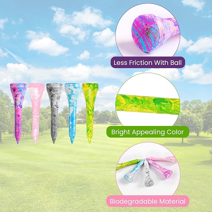 Amy Sport Golf Tees Styllish Bamboo Wooden Coloured Painted Bulk 200 Pack 1 1/2 3 1/4 2 3/4 Inch Tee, Enhanced Visibility Color Purple Pink Green Blue, Practice for Men Women