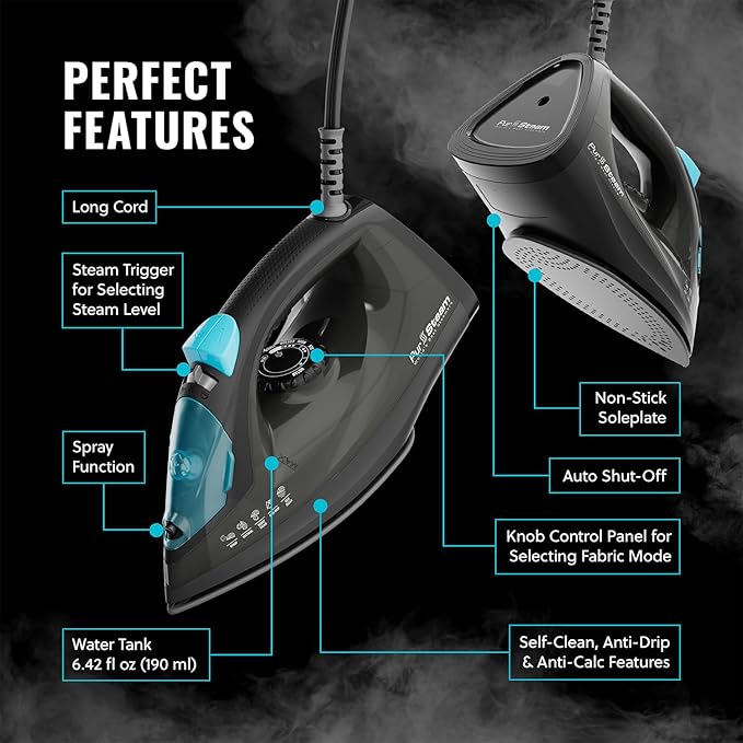 PurSteam Professional 1250W Steam Iron | Powerful Steamer with Burst of Steam & Spray | Non-Stick Soleplate, Easy Temperature Control & Auto Shut-Off