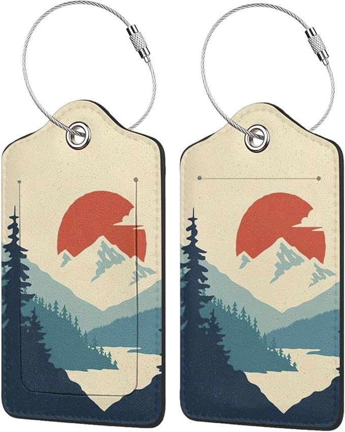 TSA Approved Luggage Tags for Suitcases Mountain Sun Forest 2 Pack Funny Leather Carnival Cruise Airport Cute Travel Name Tags Golf Bag tag Ships Essentials Privacy Cover ID Label for Women Men