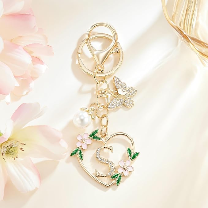 Gold Heart Initial Letter Keychain for Women Key chain Keyring for Purse Handbags Backpack Charm