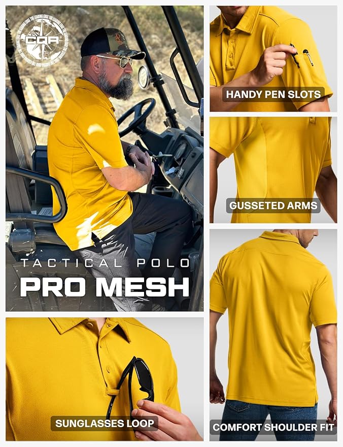 CQR Men's Polo Shirts, Tactical Short Sleeve Golf Performance Shirts, Lightweight Dry Fit UPF 50+ Pique