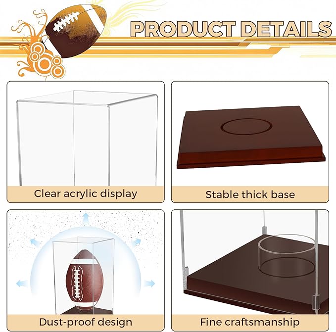 Football Display Case with Wooden Base, UV Protection Clear Acrylic Souvenir Display Box for Autographed Football, Memorabilia, Sports Colle