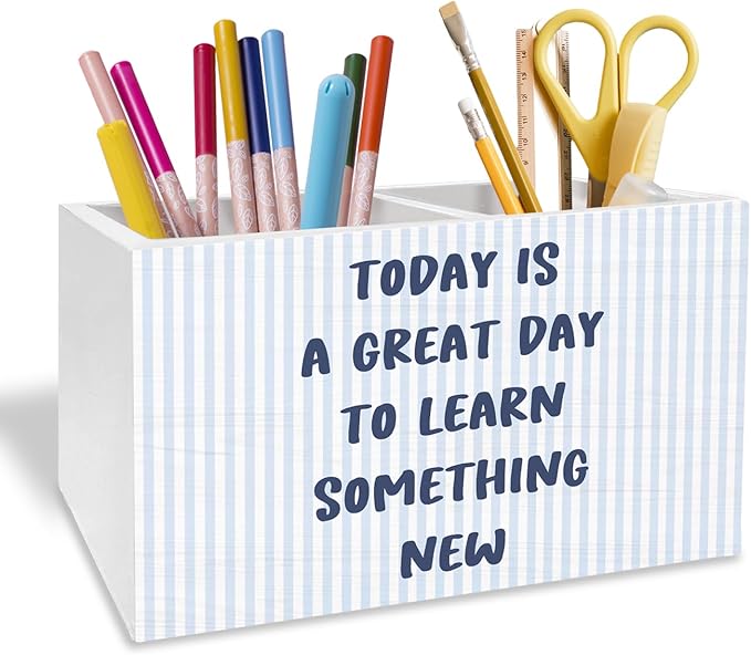 Inspirational Blue Pen Pencil Holder for Desk, Motivational Classroom Decor, Today Is a Great Day to Learn Something New Wooden Box Sign Desk Decor for Classroom Playroom Decoration