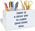 Inspirational Blue Pen Pencil Holder for Desk, Motivational Classroom Decor, Today Is a Great Day to Learn Something New Wooden Box Sign Desk Decor for Classroom Playroom Decoration