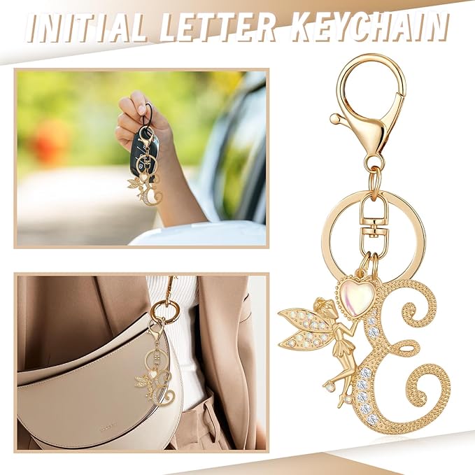 Gold Plated Alphabet Initial Letter Keyring Keychain for Women Girls Crystal Key Chains for Wallet Backpack Bag Charm