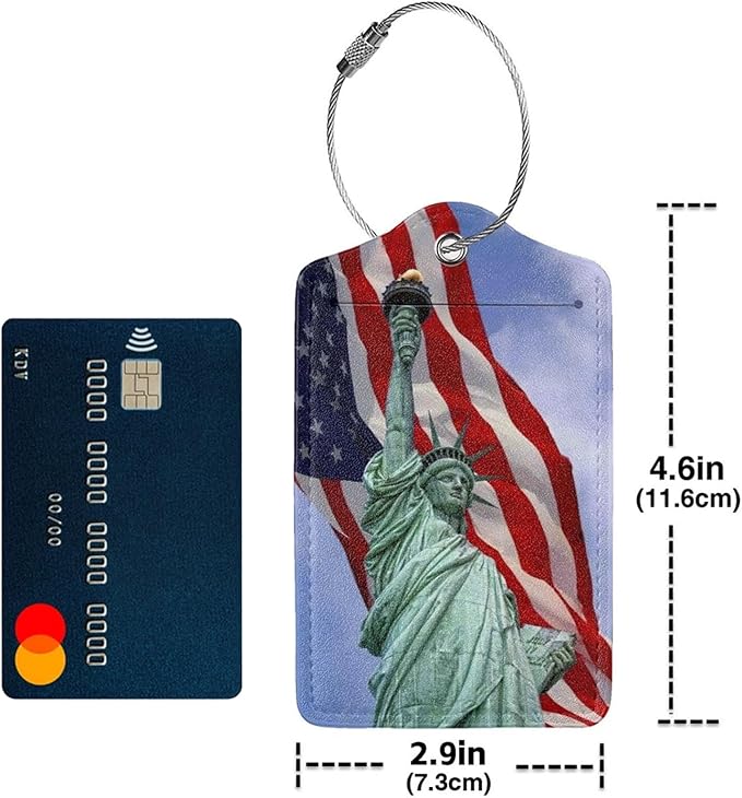 TSA Approved Luggage Tags for Suitcases Statue of Liberty Flag 2 Pack Funny Leather Carnival Cruise Airport Cute Travel Name Tags Golf Bag tag Ships Essentials Privacy Cover ID Label for Women Men