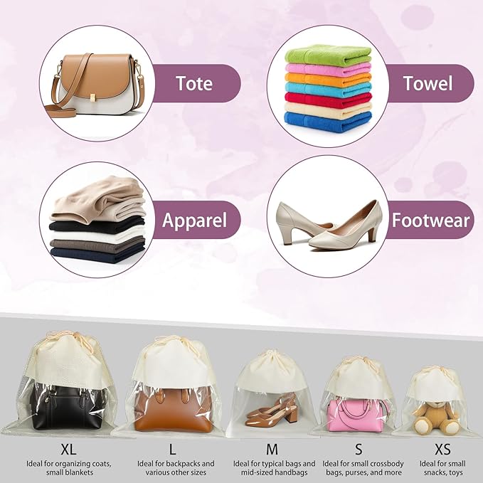 15 Pcs Dustproof Drawstring Bags Beige Dust Purse Storage Bags Non Woven String Pouch Handbags Fabric Cloth Covers Shoe Packing Organizer Pouch (Assorted Sizes)