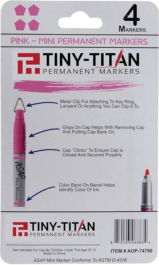 Tiny-Titan Mini Markers, Mini Markers, Keychain Clip, Golf Ball Marker, Clip On Nurse's Badge - Mini Markers - PINK Ink - Fine Point - 4 Pens Per Pack