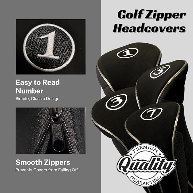 Black Golf Zipper Head Covers Driver 1 3 5 7 Fairway Woods Headcovers Metal Neoprene Traditional Plain Protective Covers Fits All Fairway Clubs and Drivers up to 460cc for Golfing Buddies