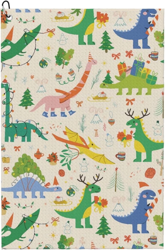 Christmas Cartoon Dinosaur Golf Towel Waffle Microfiber with Hook Detachable Clip 24x16in
