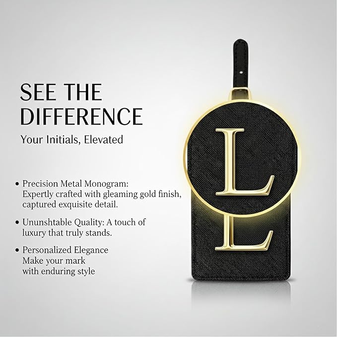 Personalized Initial Letter Luggage Tag for Suitcases PU Leather Baggage ID Tag with Metal Alphabet,Travel Accessory for Backpacks, Bags and Gift for Travelers (Black/Gold-Letter, L)