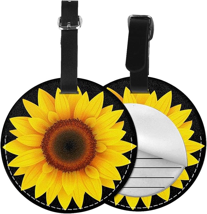 Sunflower Flower Black Luggage Tags for Suitcases, Pu Leather Baggage Tags Identifiers for Travel, Name Id Label Tags for Baggage Bag Women Men