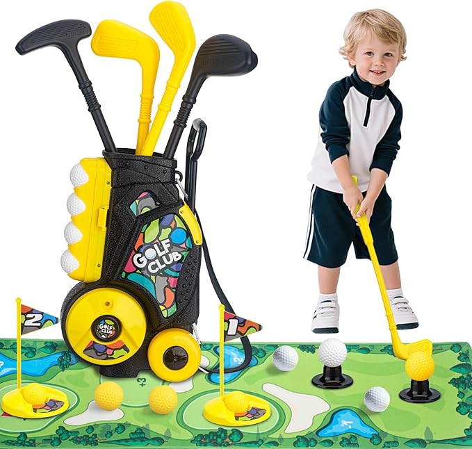 Toddler Golf Set with Cart, 4 Upgraded Handle Clubs, 47.2" Putting Mat, 8 Balls, Training Accessories for 3 4 5+ Years Old Boys Girls
