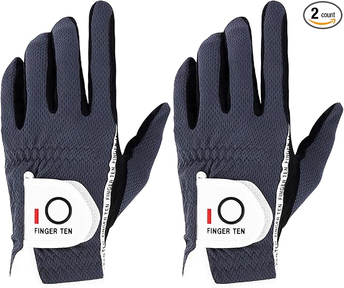 FINGER TEN Men's Golf Gloves for Right Left Handed Golfer Rain Grip Value 2 Pack, Golf Glove for Left or Right Hand Hot Wet Weather No Sweat Black Gray White Blue