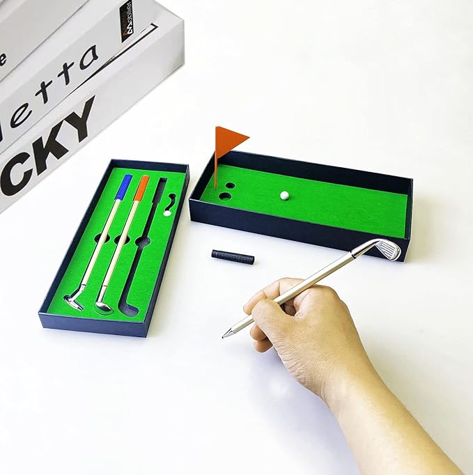 Golf Pen Set & Mini Desktop Golf Putting Green Game - Funny Gifts for Golfers, Adults, Teens, Boss, Coworkers - Office Desk Toy and Unique Stocking Stuffers