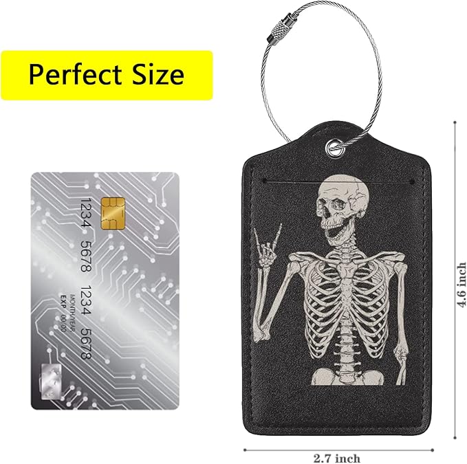 2 Pack Skull Rock and Roll Luggage Tags for Suitcases, Cool Leather Luggage Tag for Travel, Bag Tag Privacy Name ID Card Bag Labels for Friends Adults Kids Tourists