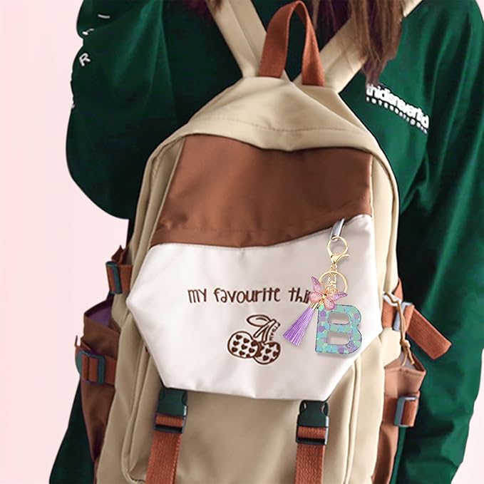 Suweibuke Colourful Cute Initial Letter Keychains for Women Girls with Tassel Butterfly, Charm for Purse Handbags Backpacks