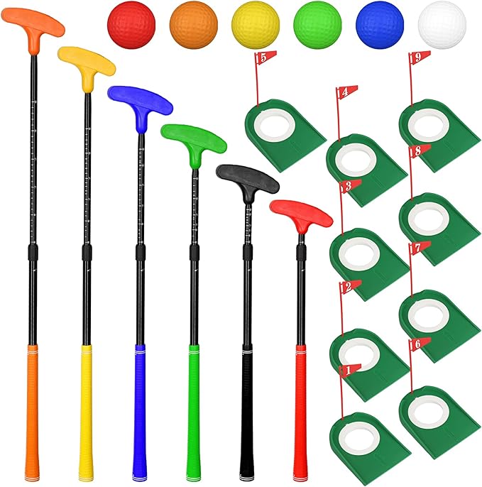21 Pcs Adjustable Golf Putters Set 6 Two Way Mini Golf Putter for Right Left Handed 6 Colored Practice Balls 9 Pcs Plastic Hole Training Aid for Men Women Indoor Outdoor Backyard