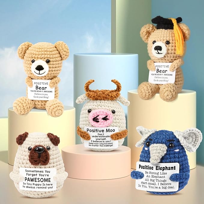 Mini Positive Crochet Bear,Cute Animals with Positive Messages Emotional Support Animals Funny Emotional Support Crochet Stuffed Gifts Handmade Bear Inspirational Gift