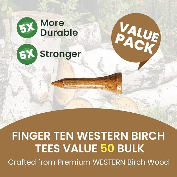 Amy Sport Golf Tees Western Birch Wood 5X More Durable 5X Stronger Value 50 Pack 1 1/2 2 3/4 3 1/4 Inch, Reduce Friction Wooden Long-Lasting, Spin Tall Sturdy Base for Stability