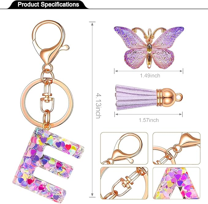 JINGUAZI Initial letter Keychains for Women Tassel Butterfly Pink Purple Cute Car Keychain for Wallet Backpack bag charm