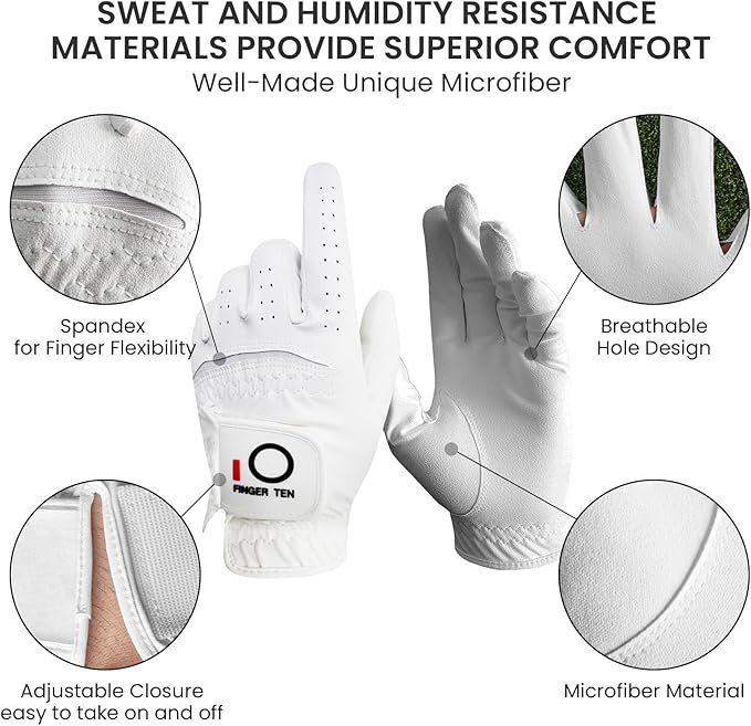 FINGER TEN All Weather Grip Golf Gloves Men Value 3 Pack for Right Handed Golfer, Hot Wet Rain Grip & Comfort Soft Glove for Premium Performance, Colors White Black Blue Sizes S M L XL