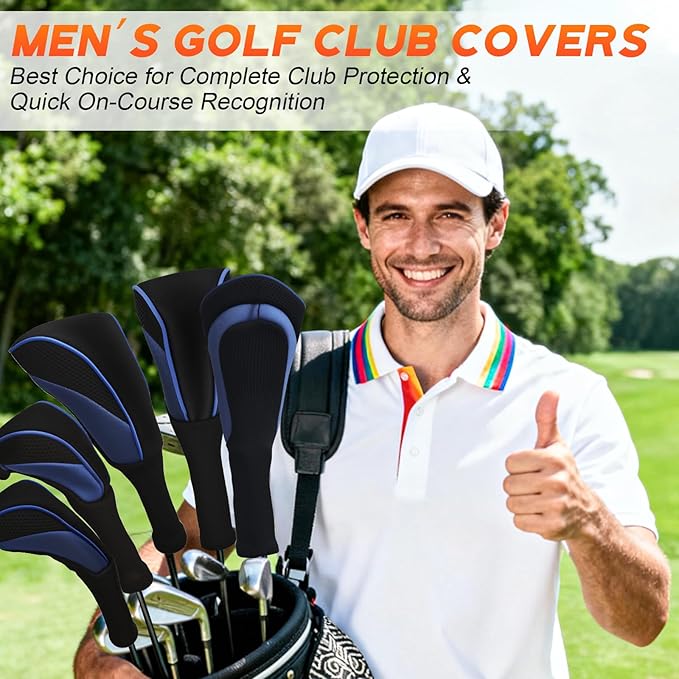 Golf Club Head Covers Set (3 Pieces) for Fairway Woods, Driver, and Hybrids - Long Neck Mesh Design with Interchangeable 3/4/5/6/7/X Number Tags - Golf Accessories for Men and Women (Black and Blue)