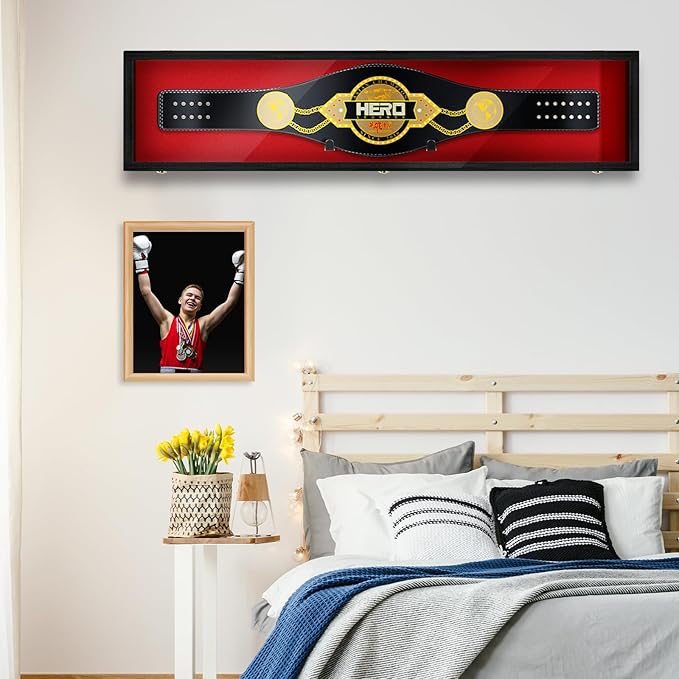 54" Wrestling Championship Belt Display Case Championship Wrestling Belt Wall Mount Wooden Display Case Cabinet W/98% UV Acrylic Door Lockable Box for Christmas Collectors Gift