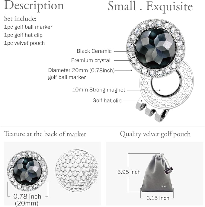 Golf Ball Marker Hat Clip with Ceramic Crystal Ball Marker (20mm Small Size) Gifts Accessories for Golfers