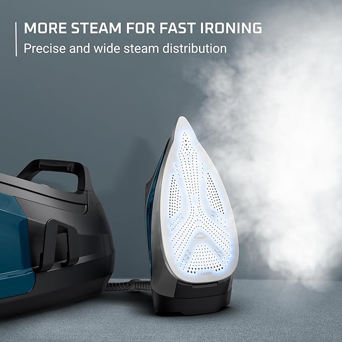 Rowenta Steam Station, Stainless Steel Soleplate, Professional Iron Steamer for Clothes, 1.1L Removable Tank, Fast Heat Up, 1800 Watts, Blue Clothes Iron, DG8624