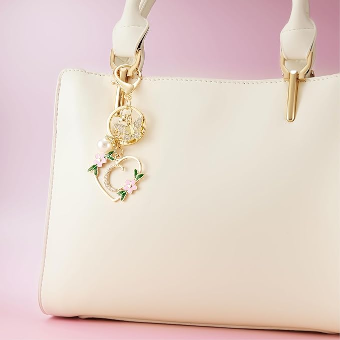 Gold Heart Initial Letter Keychain for Women Key chain Keyring for Purse Handbags Backpack Charm