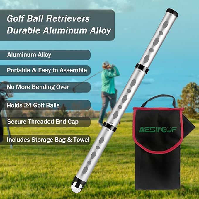 Golf Ball Retriever & Picker Upper Tube with Carry Bag, Ball Towel & Twist-On Caps, Durable Aluminum Alloy, Holds 24 Balls