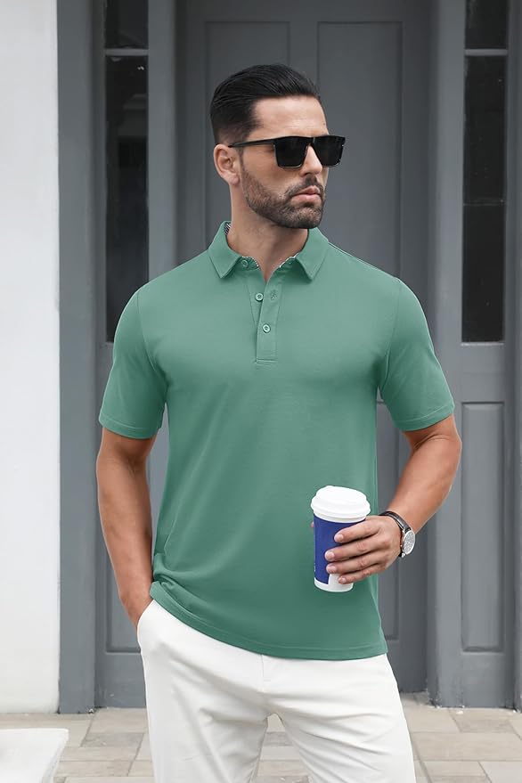 MAGCOMSEN Men's Polo Shirts Short Sleeve Cotton Pique 3 Button Classic Fit Casual T-Shirt Performance Golf Shirts