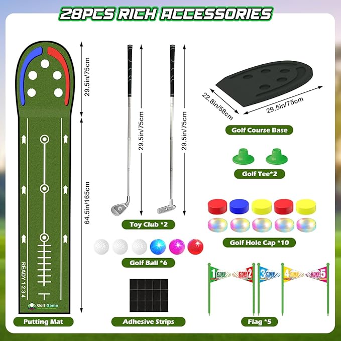 Upgraded Golf Putting Mat for Kids, Putting Green with LED Light up Holes, Glowing Balls, 2 Clubs, Toy Golf Set, Golfing Mats Indoor Outdoor, Sport Game Golf Gift for for Kids Teens Family
