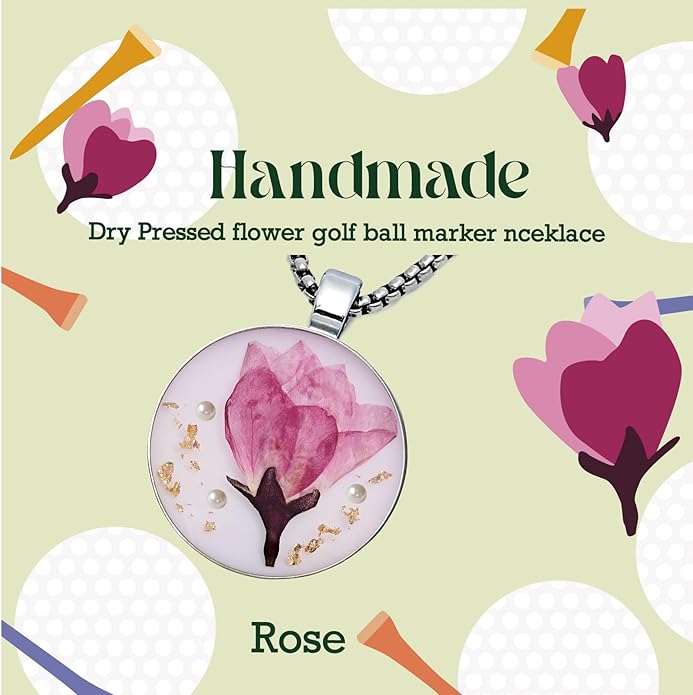 Golf Ball Marker necklace with ball marker, handmade pressed flower golf marker,Gifts Accessories Women Golfers