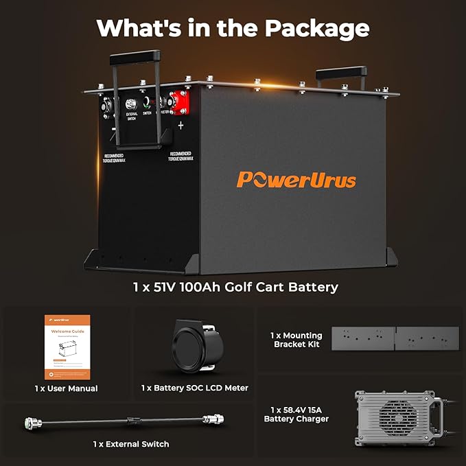 48V 100Ah Lithium Golf Cart Battery, 48V 100Ah LiFePO4 Battery, Built-in Max 300A BMS, with LCD Monitor & Mobile APP & 48V 15A Lithium Battery Charger, 4000+ Cycles, Perfect for Golf Carts