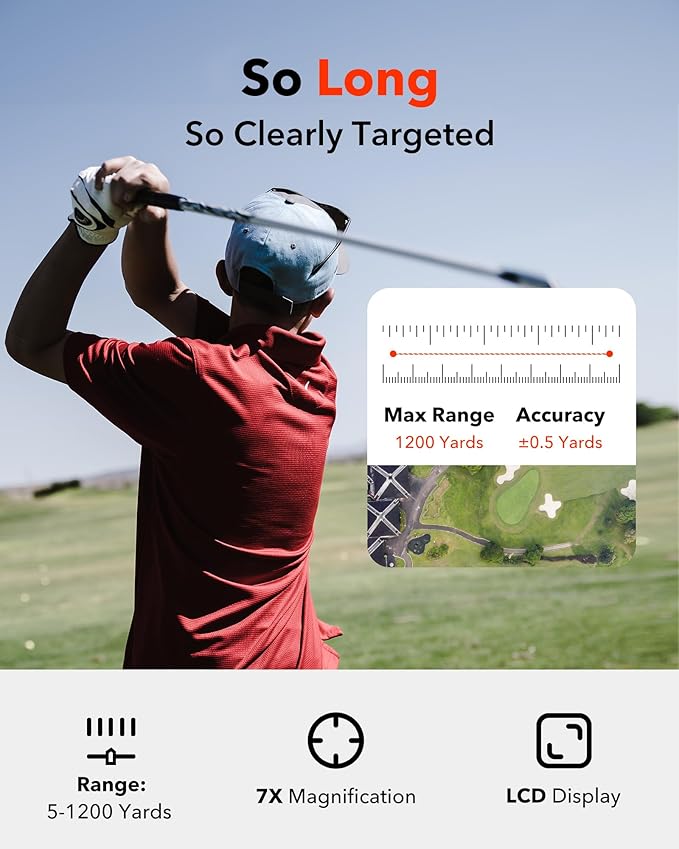 REDTIGER Golf Rangefinder with Slope Switch, 1200 Yards Laser Range Finder Golfing, 7X Magnification, Flag Pole Locking Vibration, Rechargeable Range Finders with Magnet Stripe, GolfVue Series 1